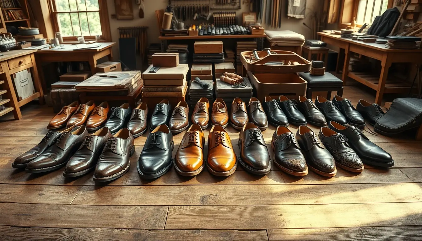 Différents styles de chaussures en cuir de qualité dans un atelier d'artisan