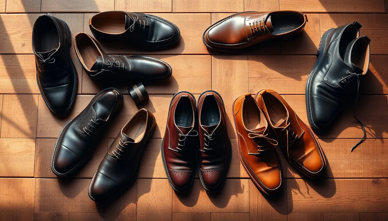 Différents styles de chaussures en cuir pour homme disposées sur un sol en bois