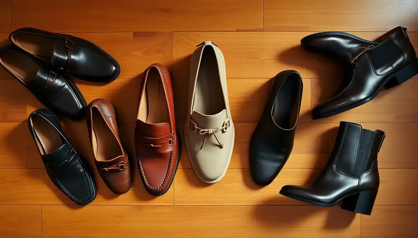 Collection de chaussures cuir femme élégantes sur un fond en bois naturel