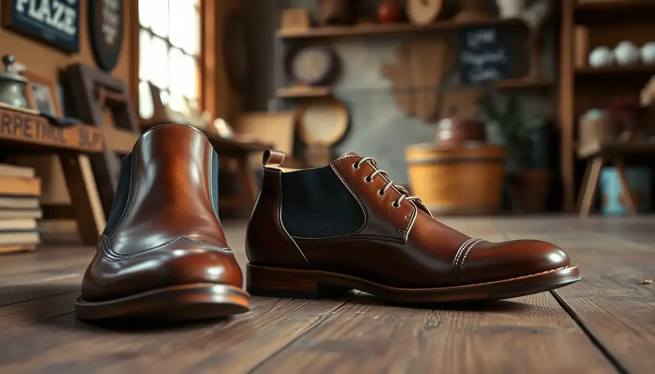 Chaussures cuir homme artisanales en cuir marron patiné sur bois