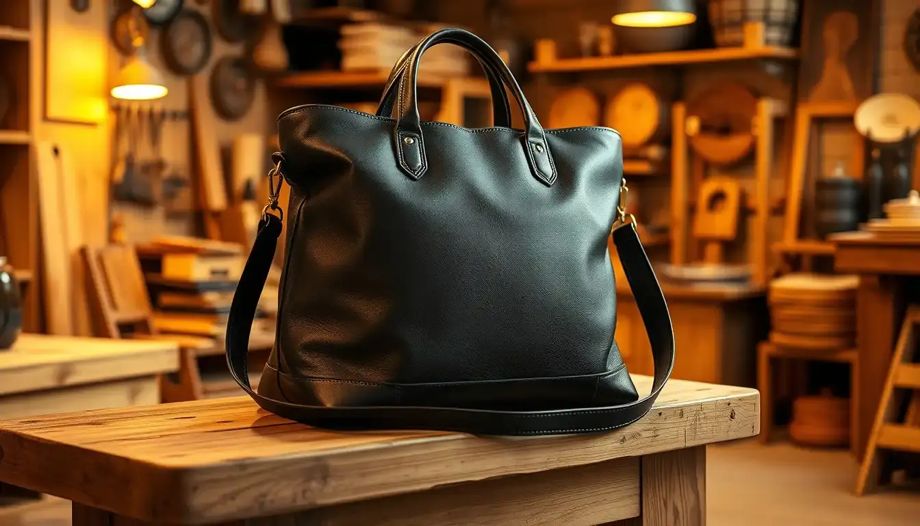 Sac cabas en cuir noir de haute qualité sur un établi d'artisan maroquinier