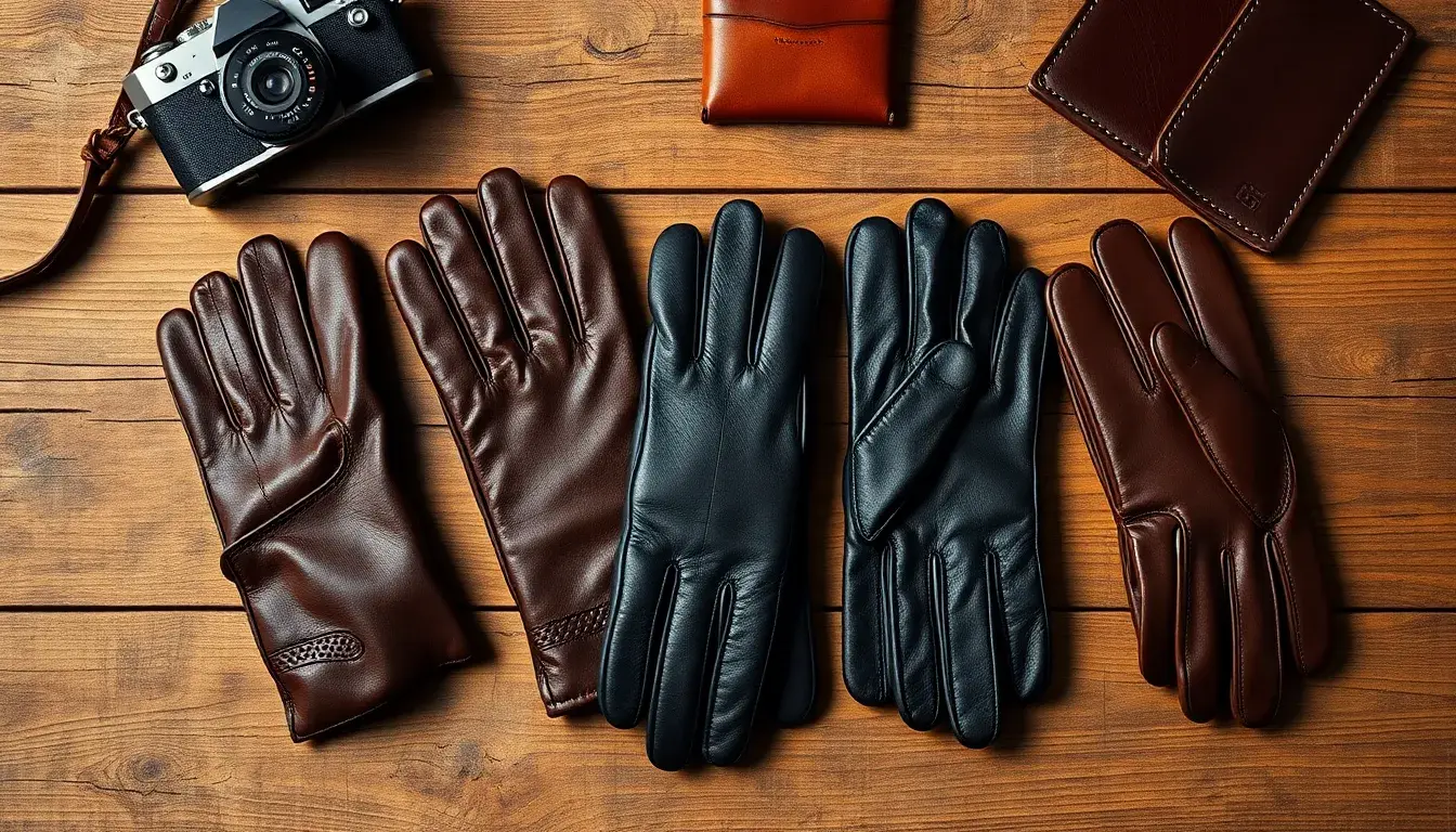 Différents styles de gant pour homme cuir sur une table en bois rustique.