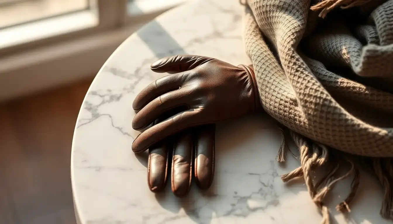 Gants en cuir élégants pour femme posés sur une table en marbre