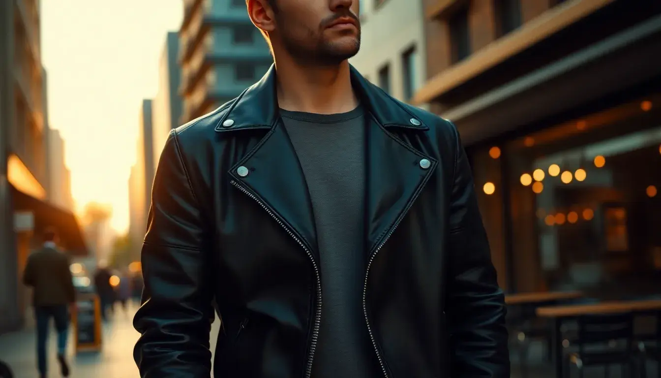 Homme élégant portant une veste en cuir noir de qualité supérieure dans une rue urbaine au soleil couchant