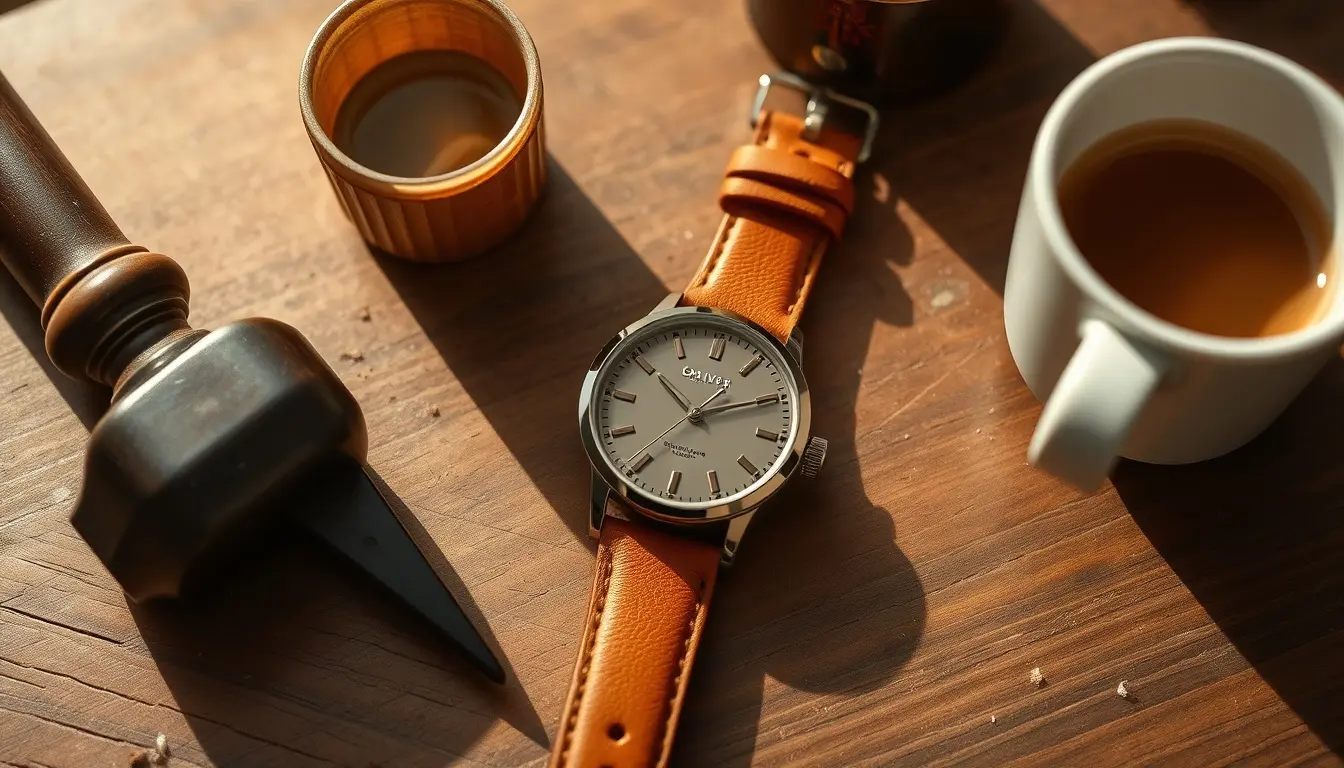 Montre femme élégante avec bracelet en cuir cognac sur une table d'artisan en bois.