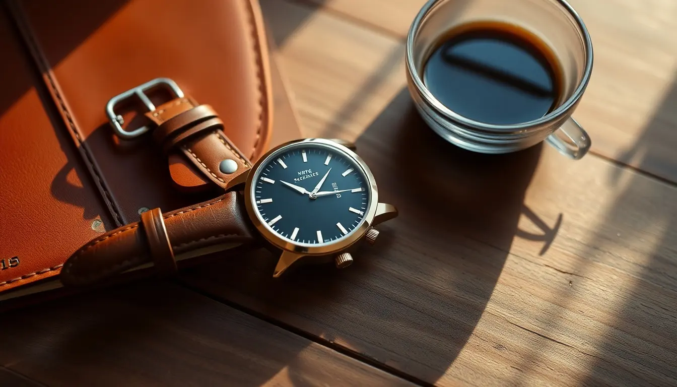Montre homme avec bracelet en cuir pleine fleur sur un bureau en bois vintage