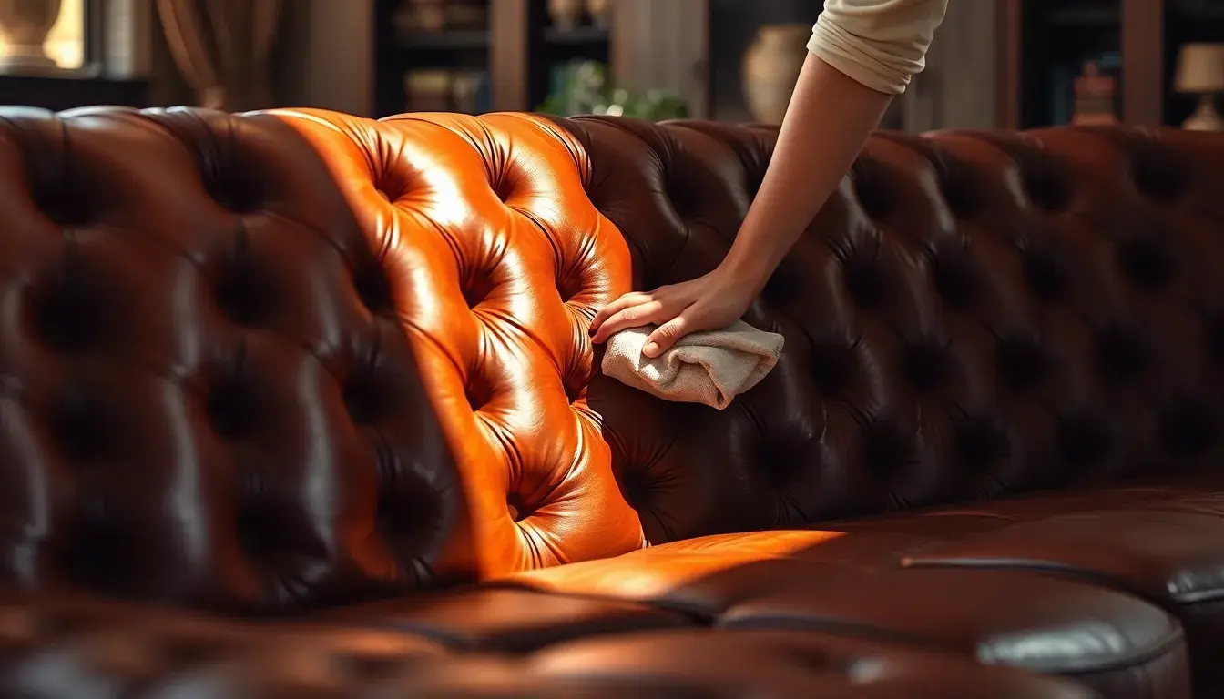 Nettoyage cuir canapé avec un chiffon doux mettant en valeur le grain naturel du cuir
