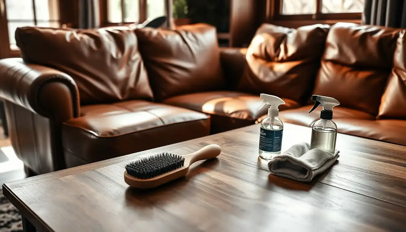 Salon chaleureux avec canapé en cuir cognac et kit d'entretien professionnel sur table en bois