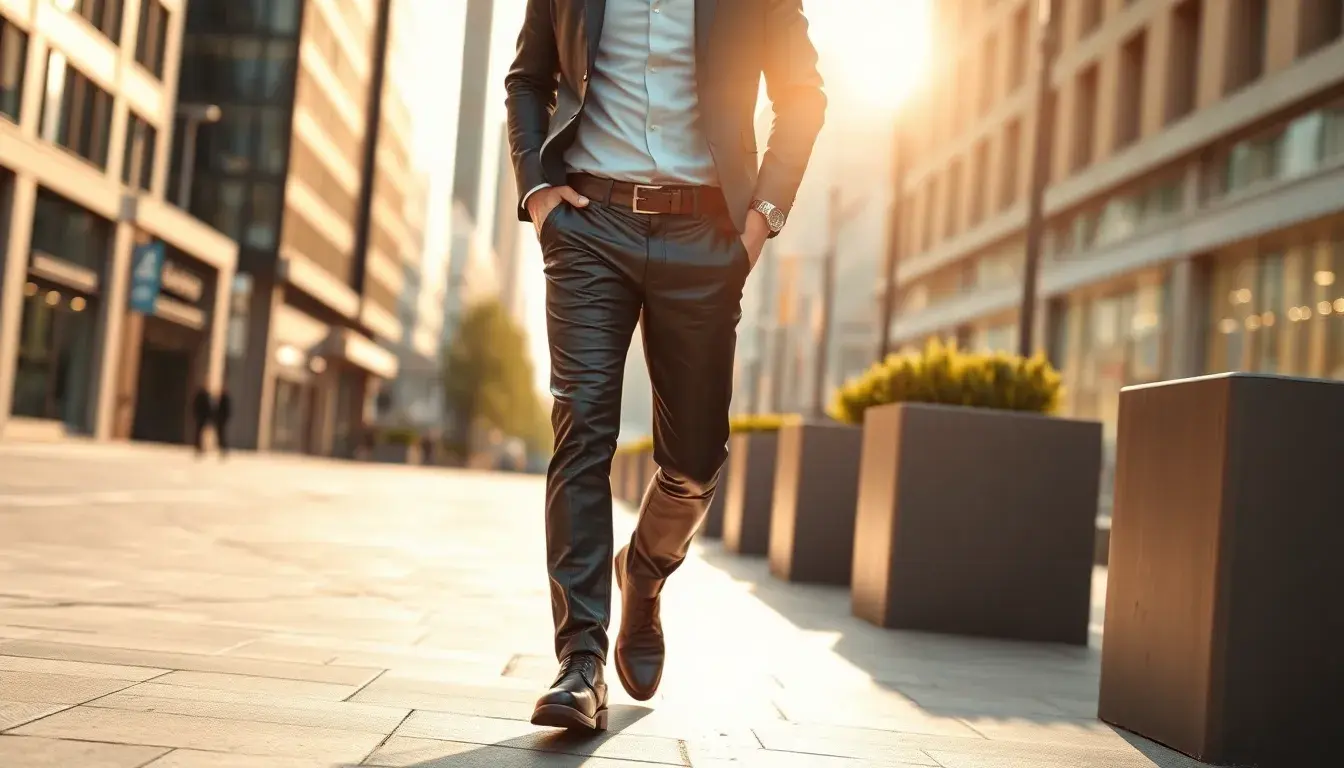 Homme élégant portant un pantalon cuir homme slim noir dans une rue urbaine moderne