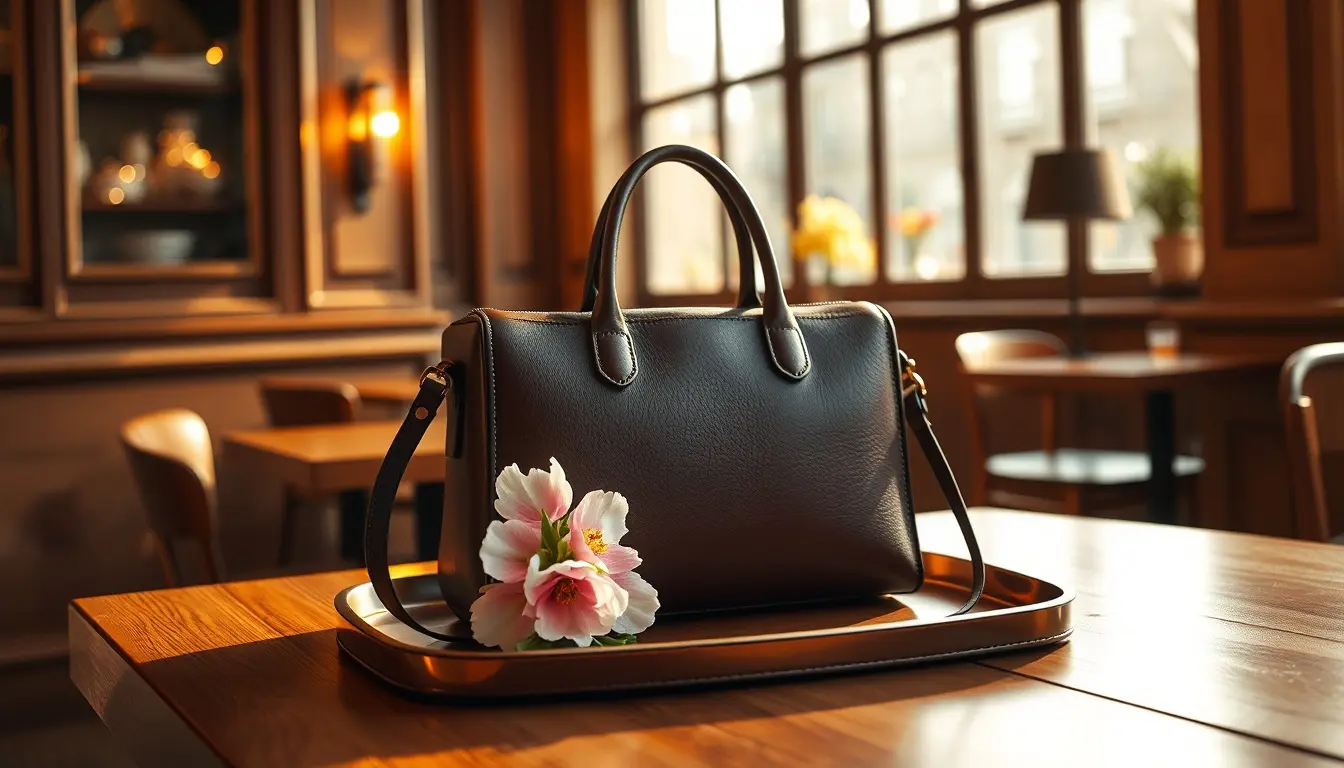 Sac femme cuir de haute qualité posé sur une table en bois naturel