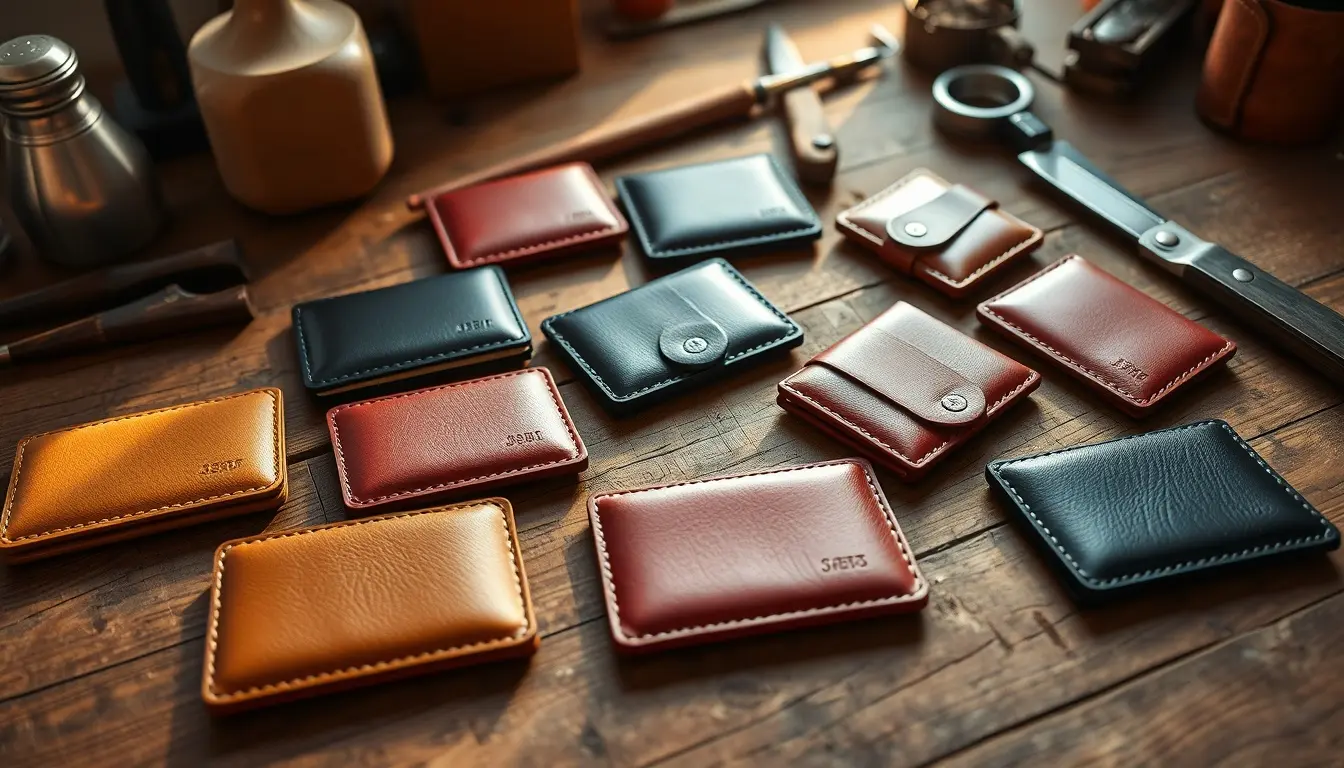 Collection de porte-cartes en cuir de différentes couleurs sur un établi d'artisan.
