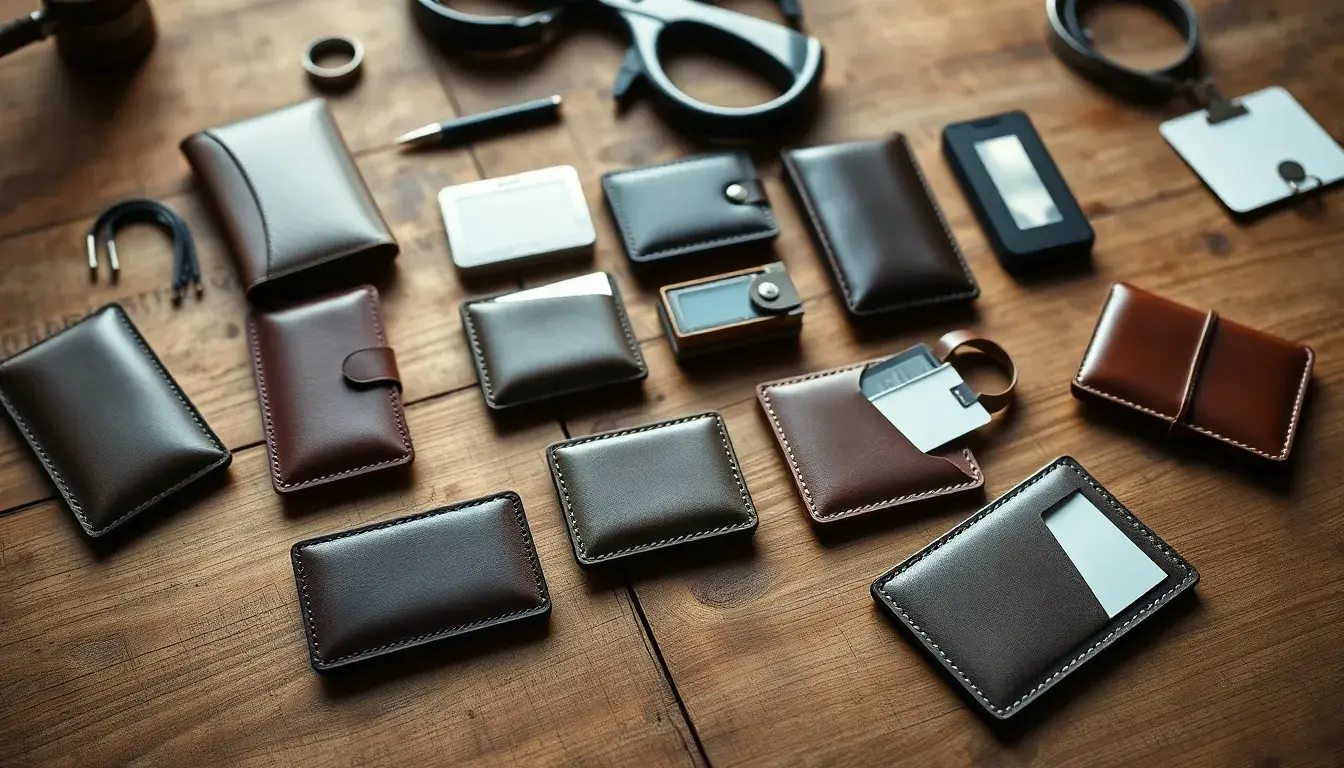 Différents modèles de porte carte en cuir de qualité sur une table en bois.