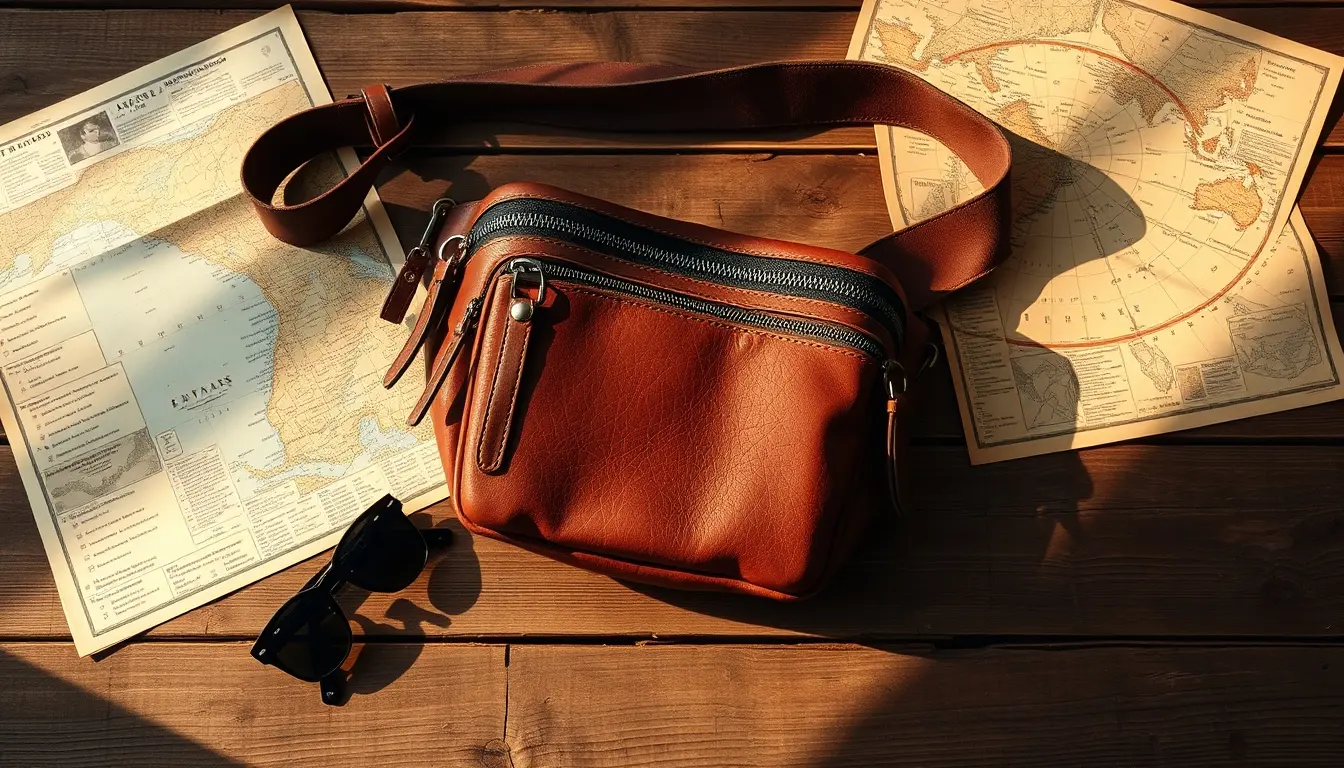 Sac banane en cuir de qualité sur une table en bois rustique au soleil
