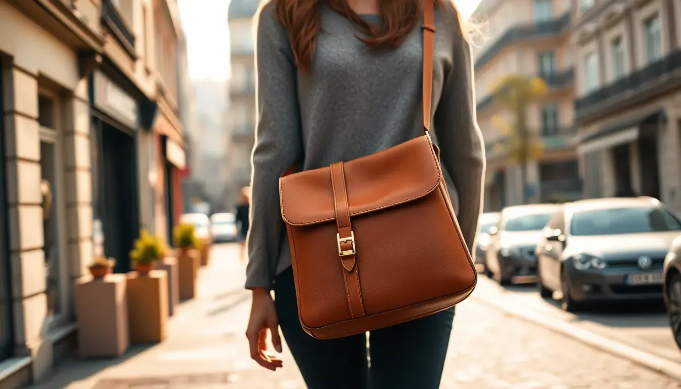 Femme élégante portant un sac bandoulière en cuir de couleur havane dans une rue ensoleillée