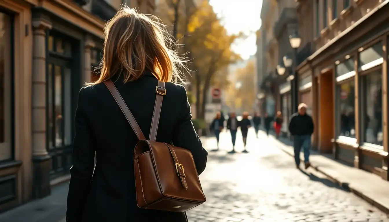 Femme élégante portant un sac cuir femme bandoulière de qualité dans une rue ensoleillée