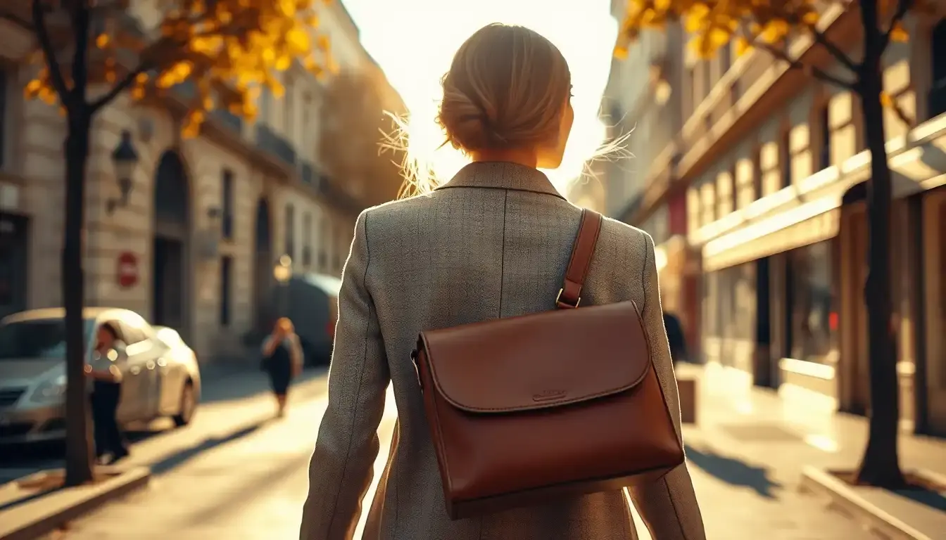 Femme élégante portant un sac en bandoulière en cuir marron de haute qualité dans une rue ensoleillée