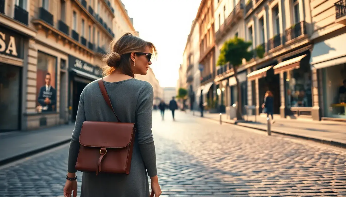 Femme élégante portant un sac en cuir bandoulière de qualité dans une rue pavée
