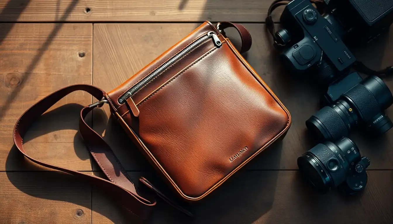 Sac en cuir en bandoulière de qualité premium sur une table en bois rustique