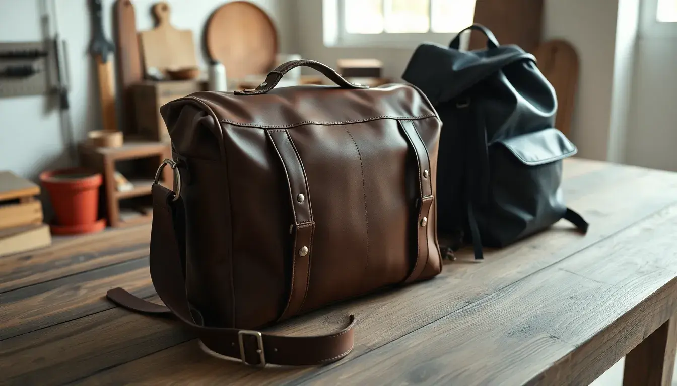 Collection de sacs en cuir pour homme incluant un sac messager et un sac à dos sur une table en bois