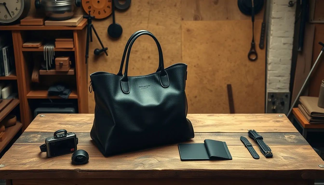 Sac en cuir noir de haute qualité posé sur une table en bois d'artisan