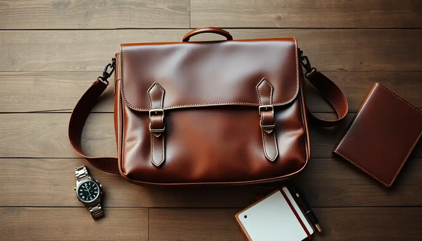 Sac homme cuir messager en cuir cognac sur une table en bois rustique avec accessoires vintage.