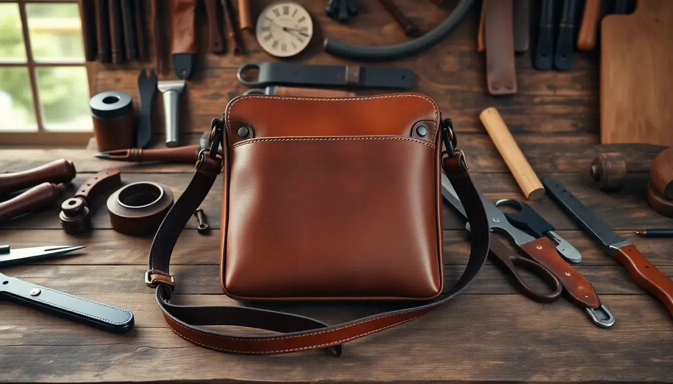 Sac à bandoulière en cuir pleine fleur posé sur une table d'artisan avec outils de maroquinerie