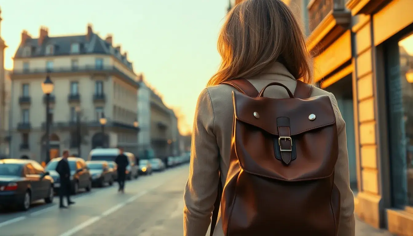 Femme élégante portant un sac à dos en cuir artisanal dans une rue ensoleillée