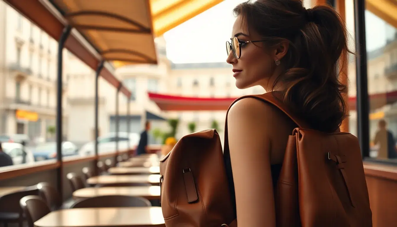 Femme portant un sac à dos en cuir pleine fleur dans un café parisien