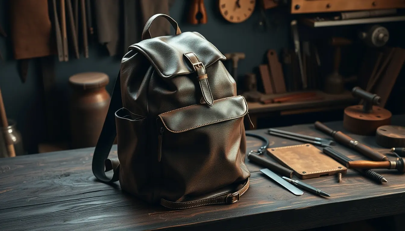 Sac à dos homme cuir pleine fleur posé sur un établi en bois vintage.