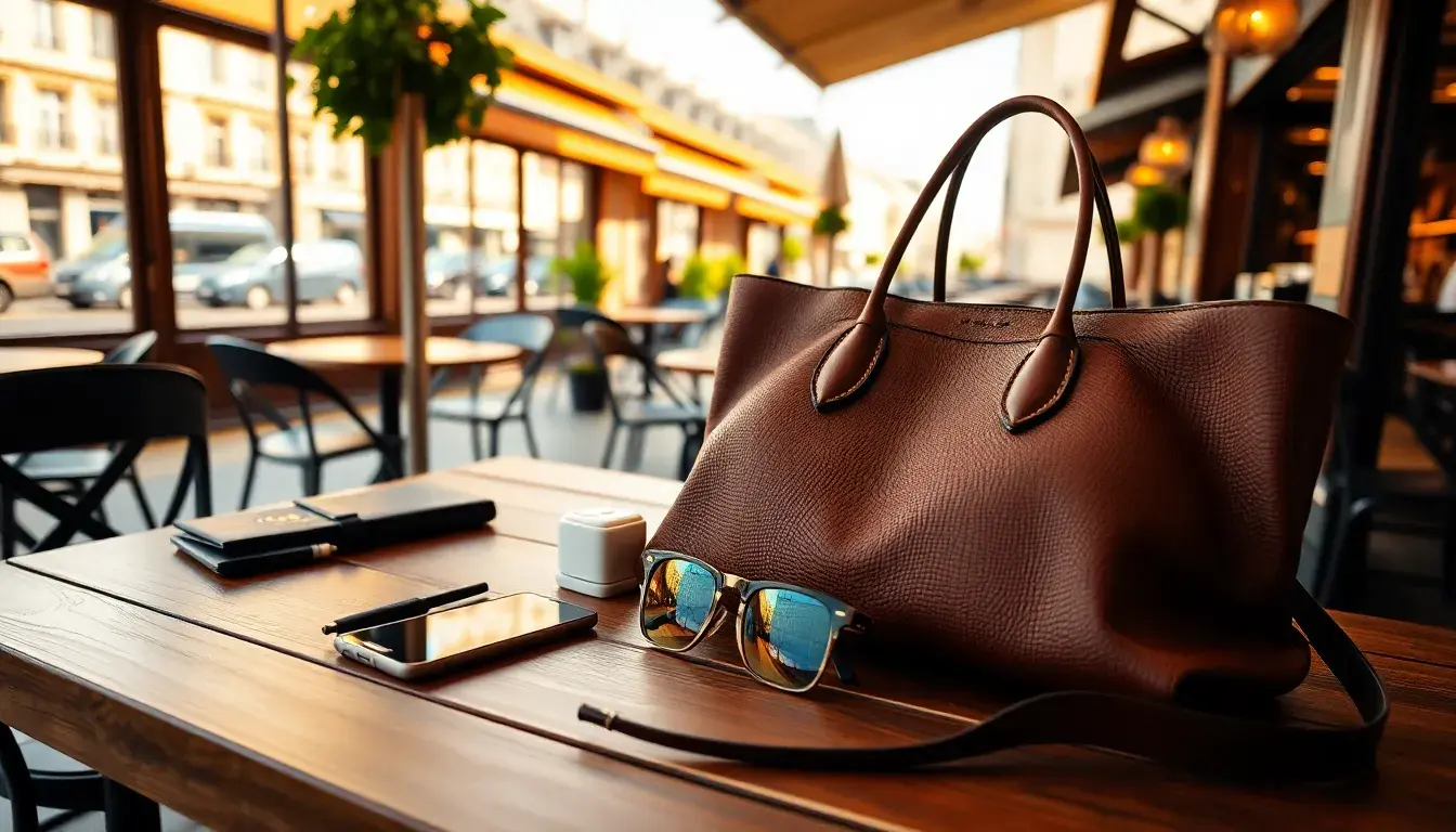 Sac à main cuir femme élégant posé sur une table en bois dans un café lumineux