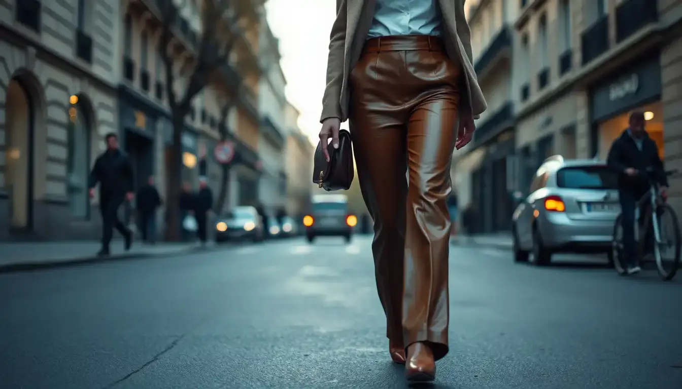 Femme élégante portant un pantalon cuir femme marron coupe droite dans une rue de Paris.