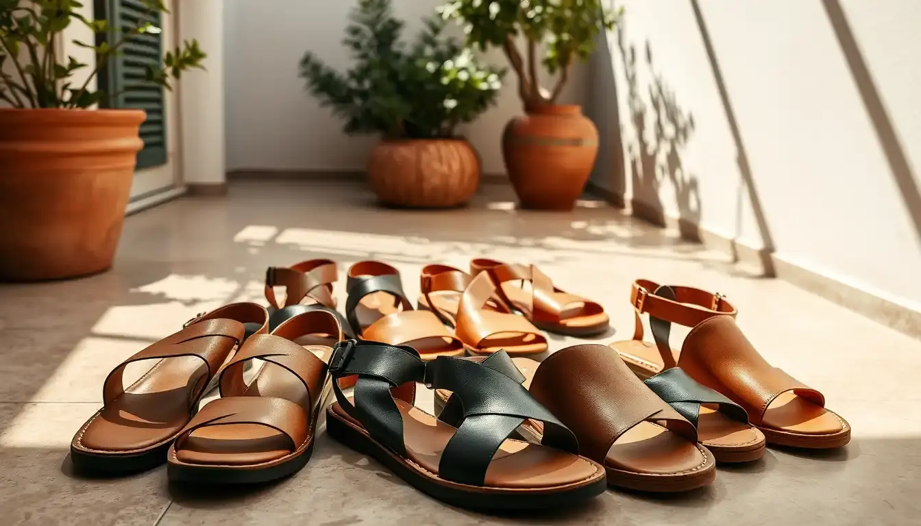 Sélection de sandales en cuir pour femme disposées sur un sol en pierre naturelle au soleil