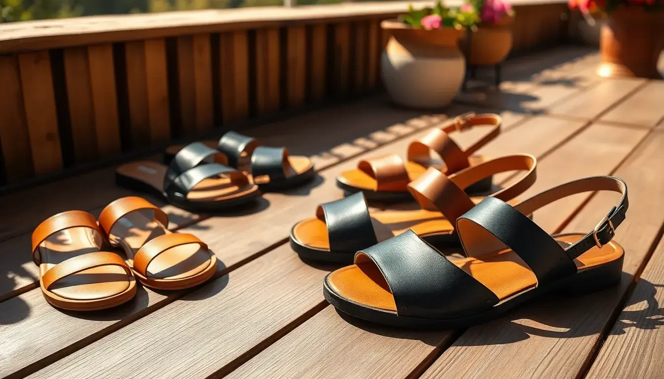Sandales femme cuir de haute qualité disposées sur une terrasse en bois ensoleillée