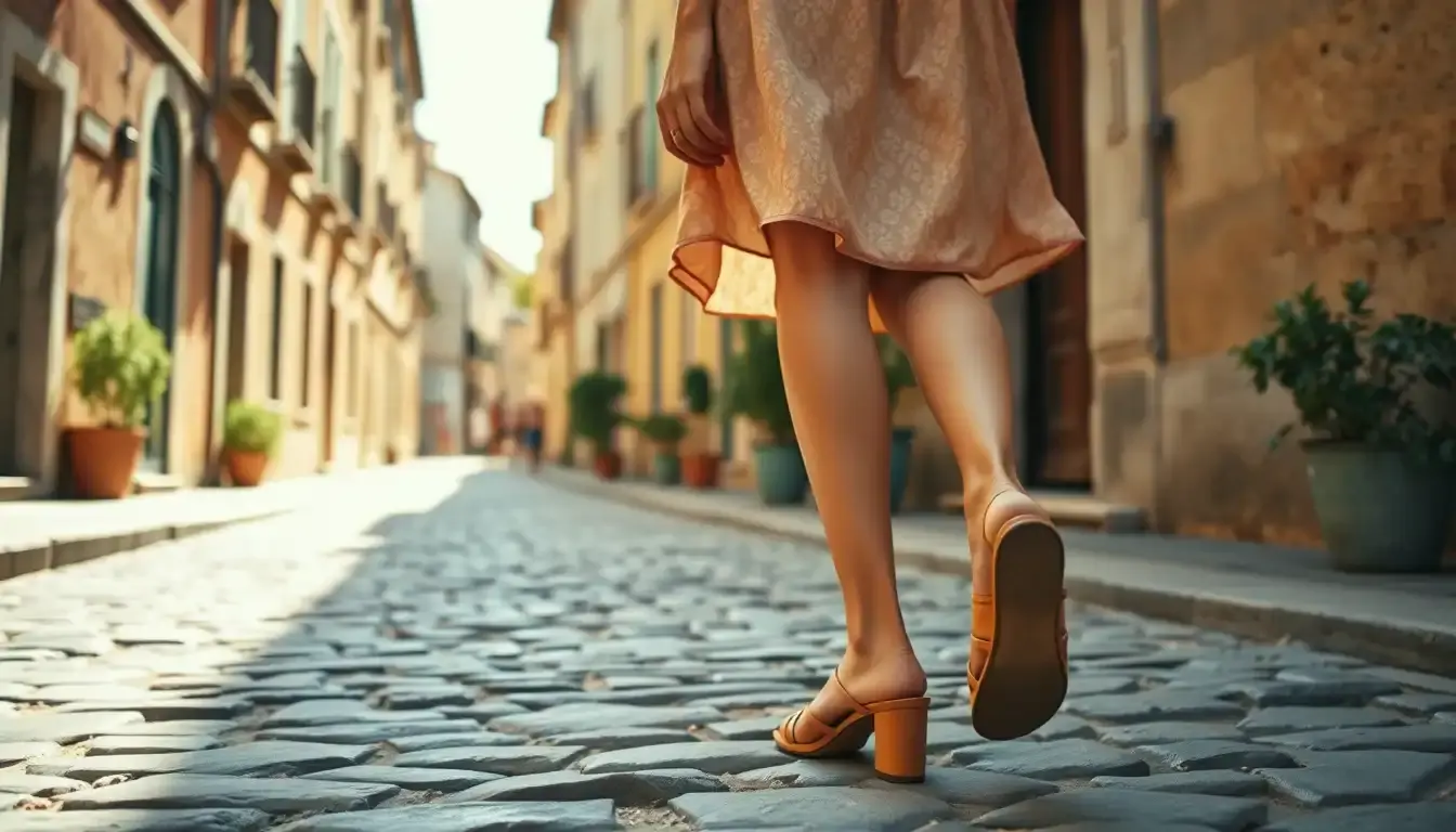 Femme élégante portant des sandales en cuir marron sur une rue ensoleillée