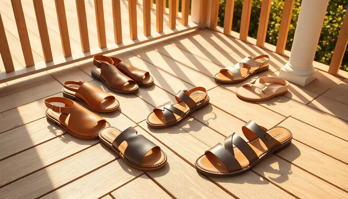 Différents modèles de sandales en cuir pour femme sur une terrasse en bois ensoleillée