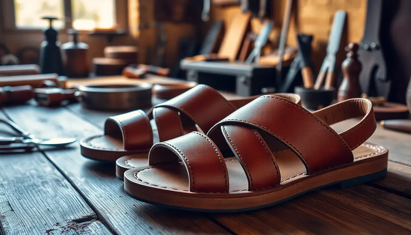 Sandales hommes cuir marron de qualité sur une table en bois rustique
