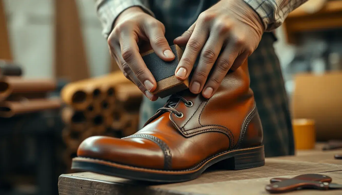 Artisan appliquant de la teinture cuir marron sur une botte vintage dans un atelier