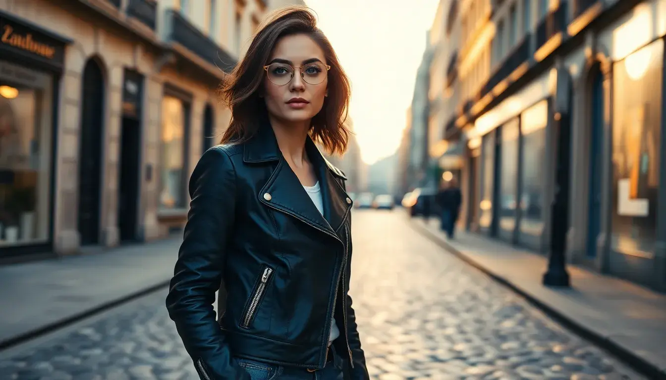Femme élégante portant une veste en cuir noir de style biker dans une rue urbaine.