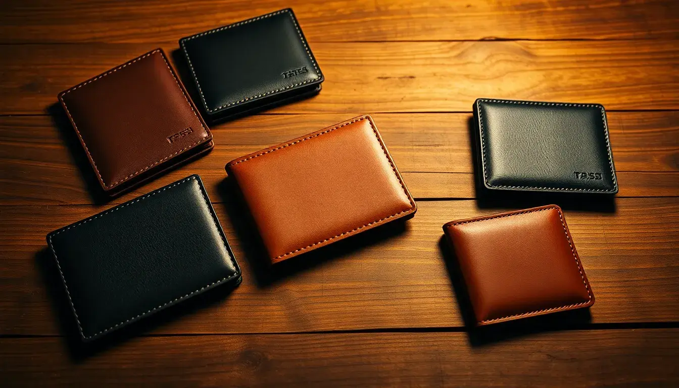 Différents styles de portefeuilles homme cuir sur une table en bois d'artisan.