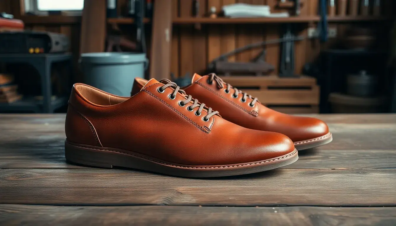 Baskets homme cuir de haute qualité sur un établi en bois artisanal