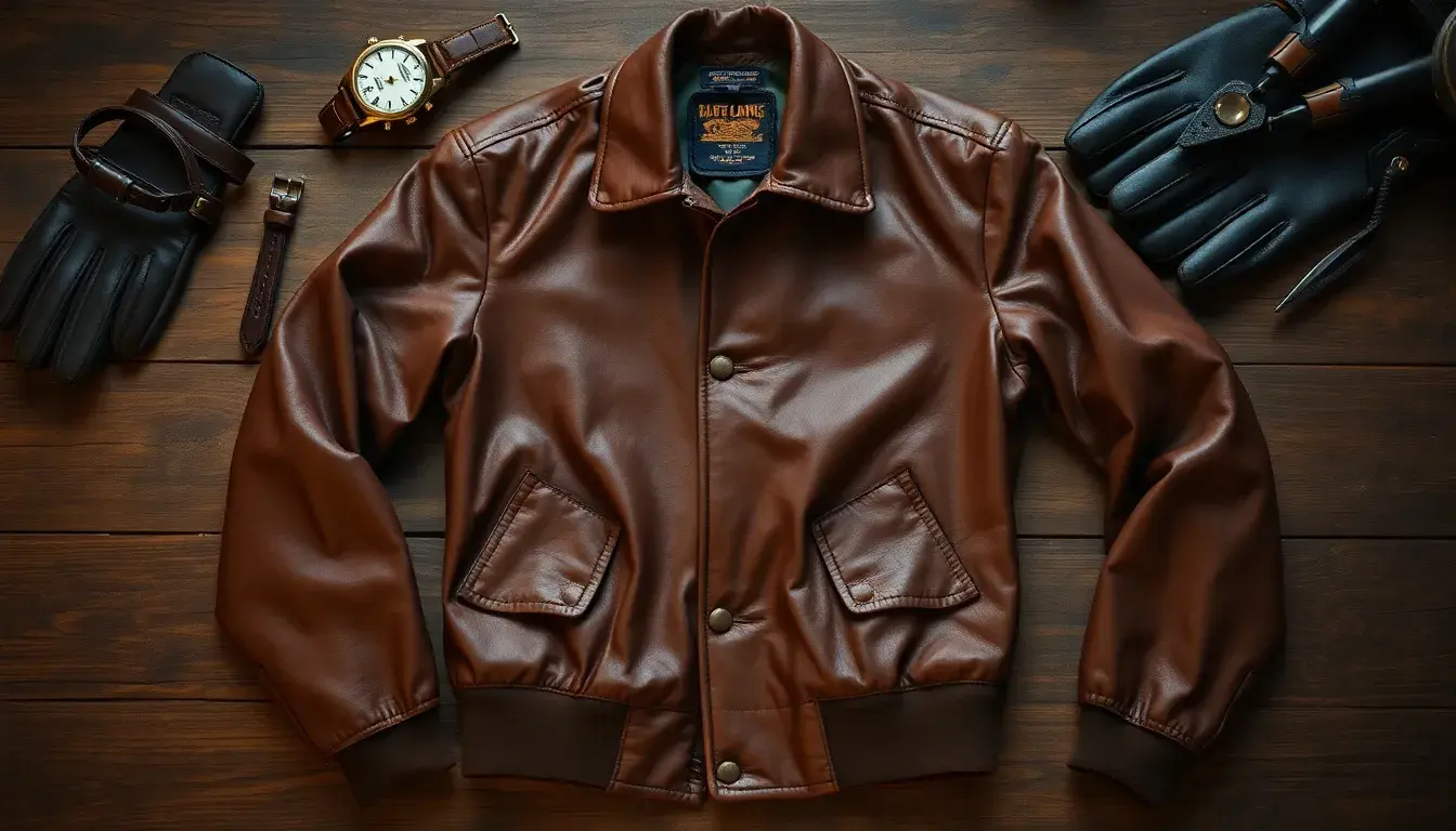 Blouson homme cuir aviateur marron posé sur une table en bois rustique