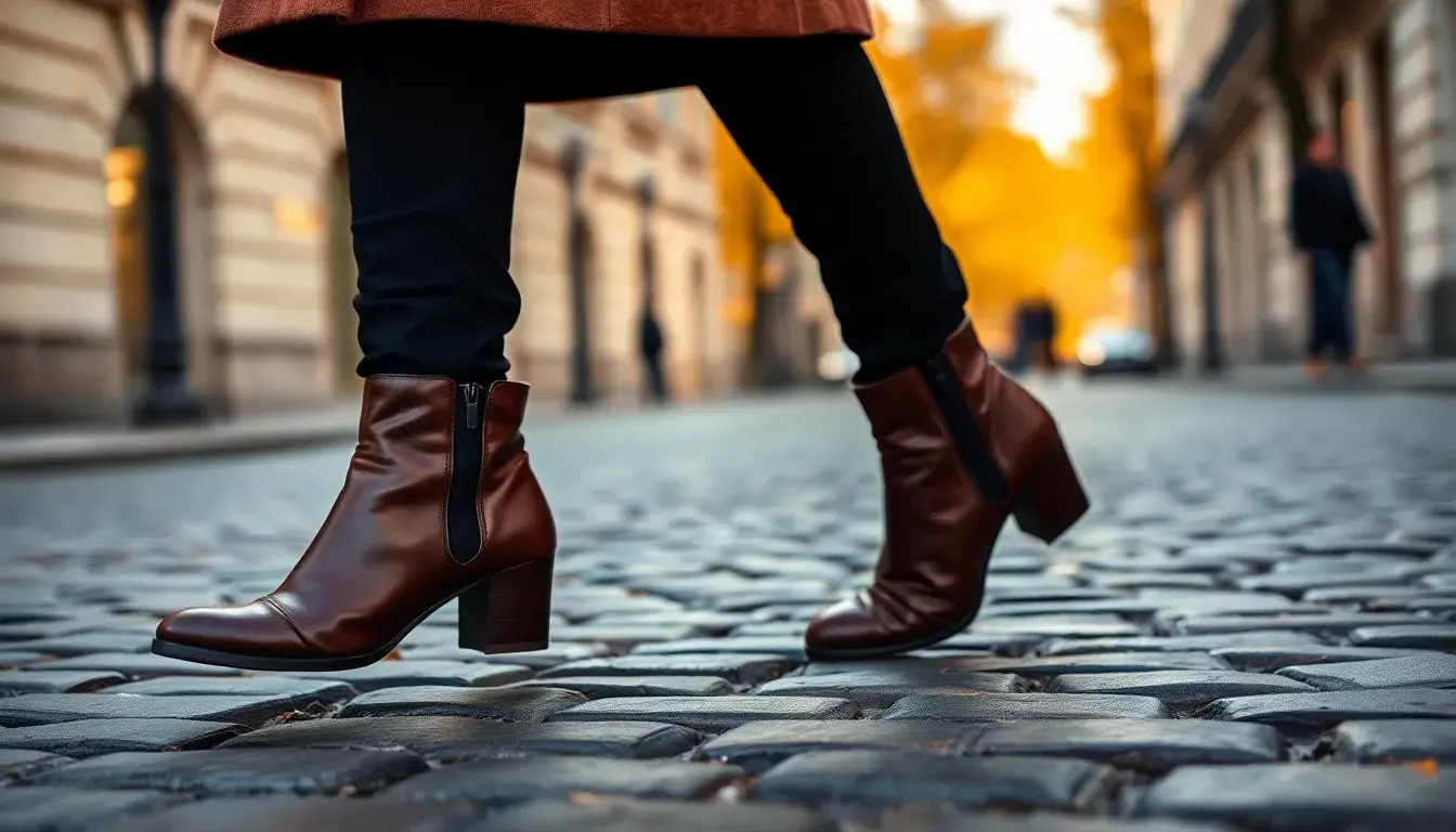 Femme élégante portant des bottines en cuir noir de haute qualité sur une rue pavée.