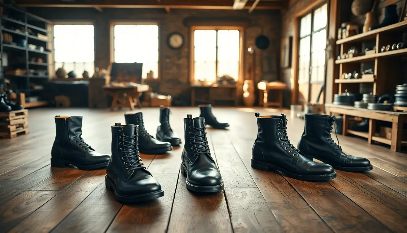 Sélection de bottes en cuir noir de haute qualité présentées sur un sol en bois rustique