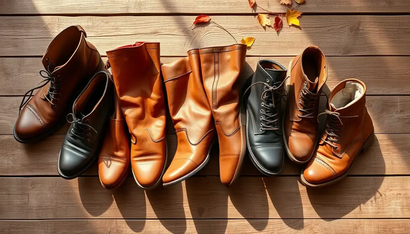 Différents styles de bottes cuir marron femme sur un sol en bois rustique.