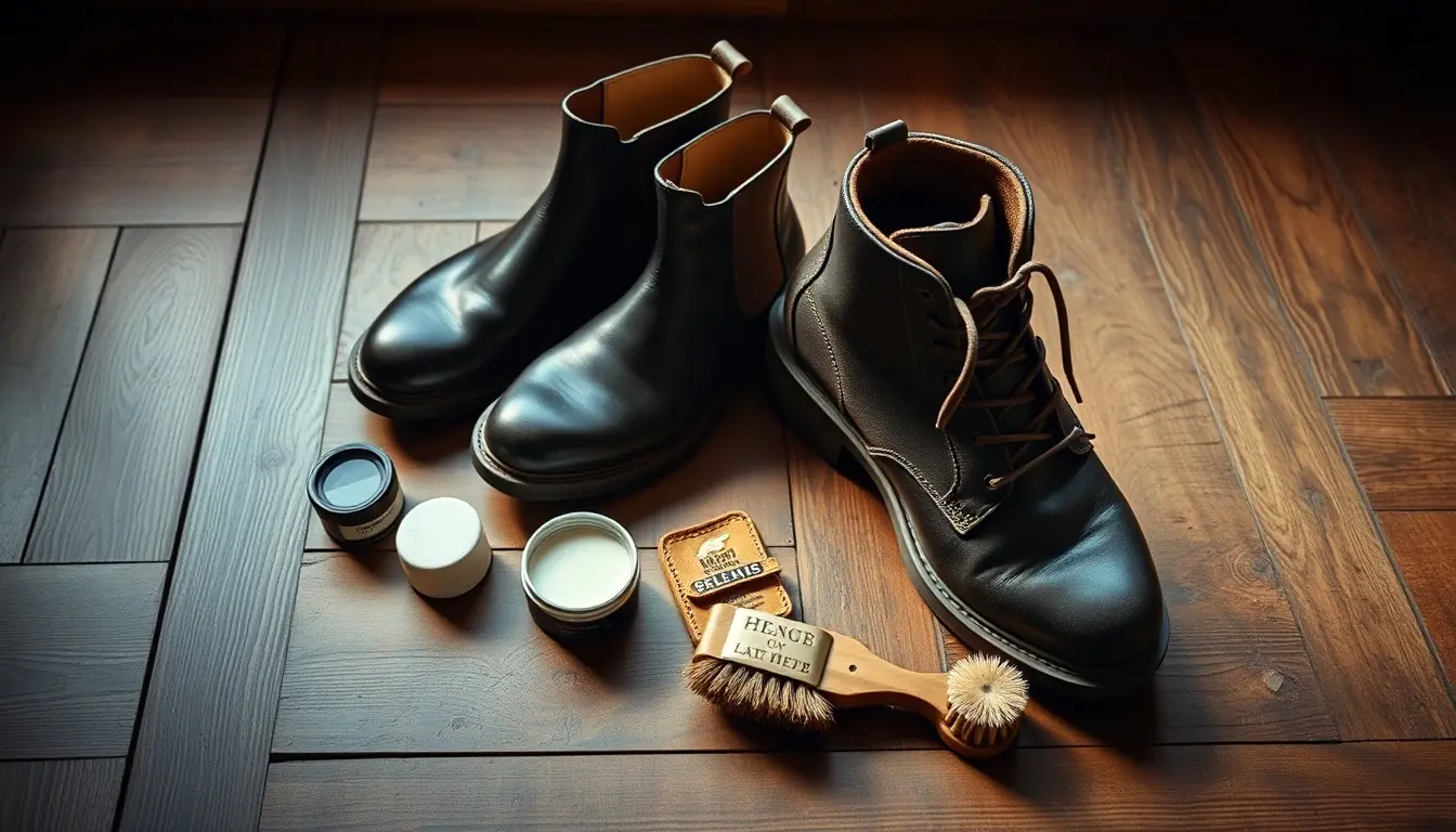Bottes en cuir noir de qualité supérieure avec accessoires d'entretien sur fond de bois rustique