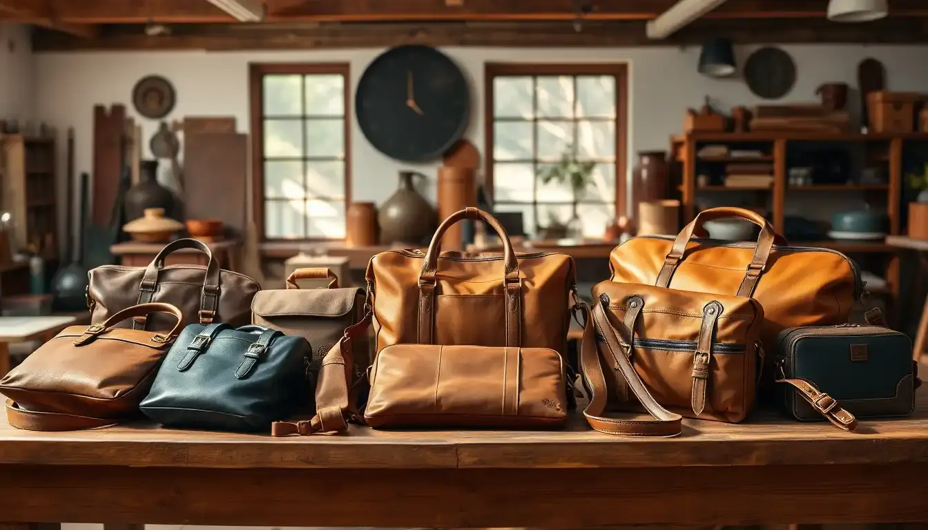 Collection de sacs en cuir artisanaux sur une table en bois rustique