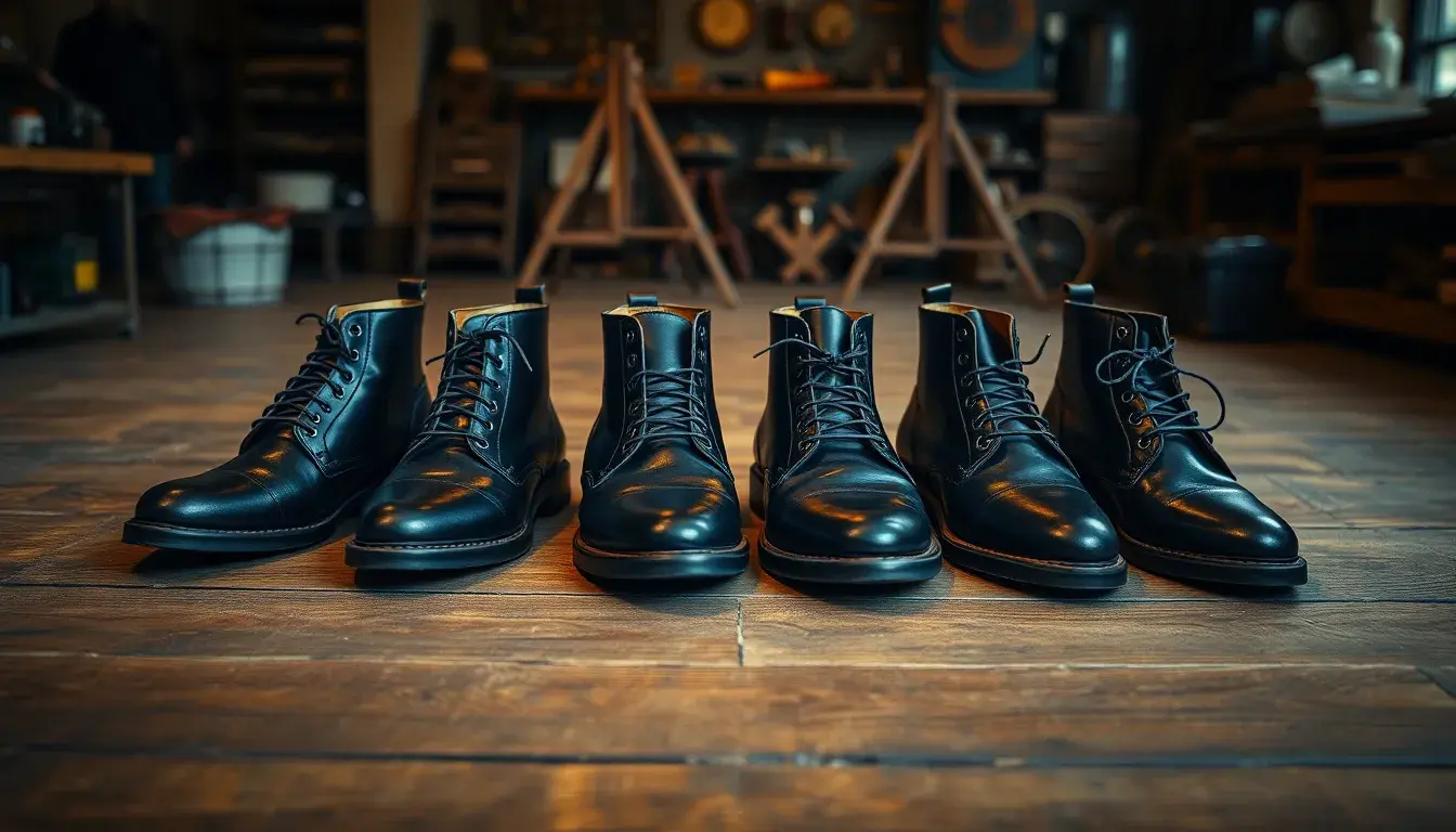Botte noire en cuir de qualité supérieure posée sur un établi en bois