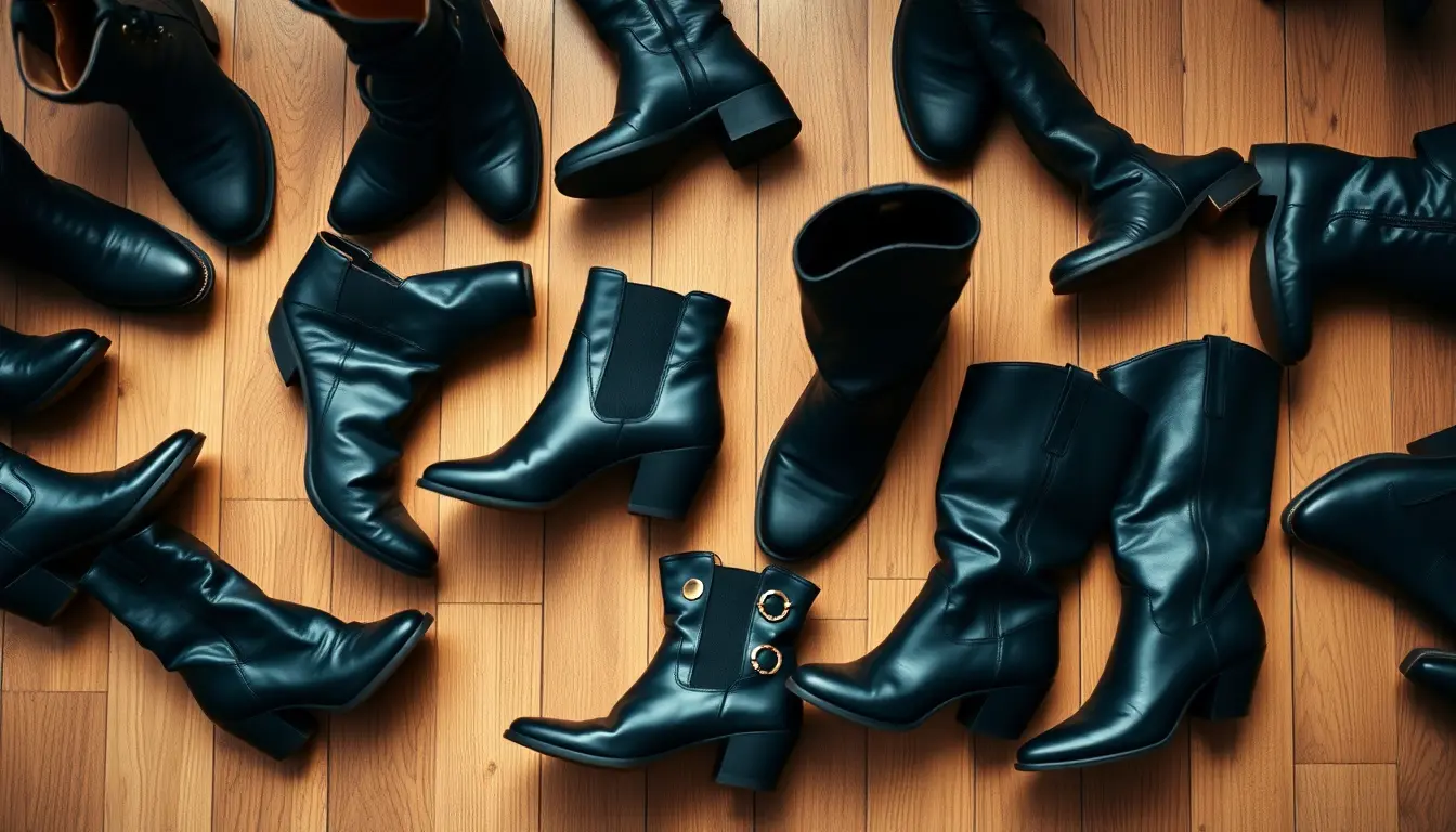Différents styles de botte noire femme cuir disposées sur un sol en bois rustique