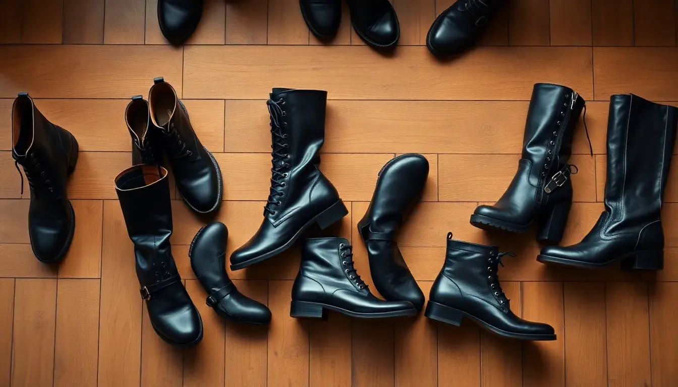 Sélection de bottes en cuir noir pour femme sur un parquet rustique
