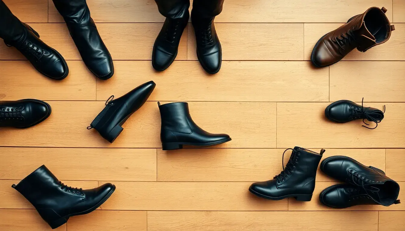 Différents styles de bottes cuir noir femme sur un parquet en bois rustique.